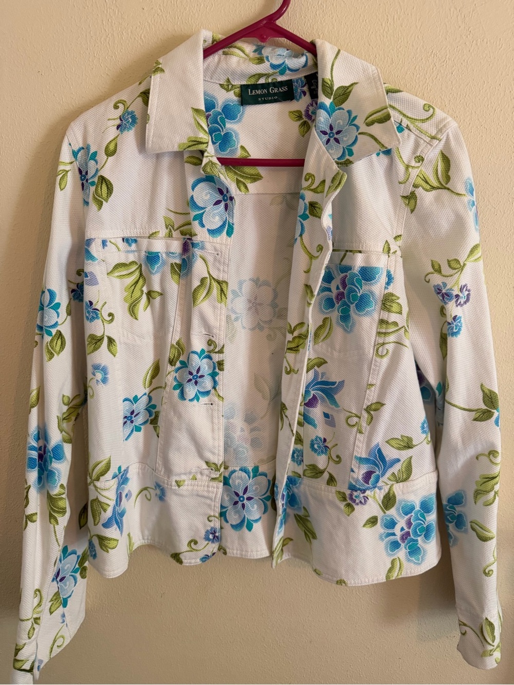 Lemon Grass White Floral Jacket with Blue Accents